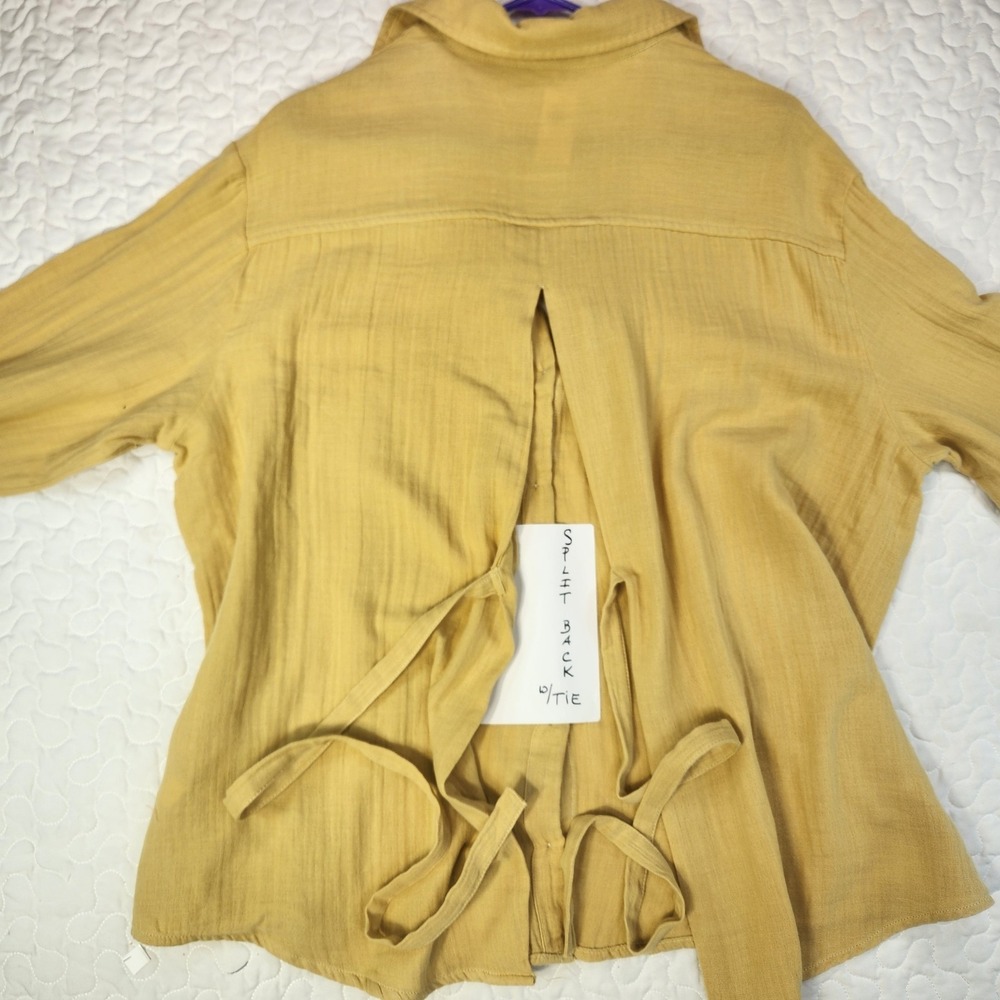 NEW Gold Cotton Button Up Gauze Shirt Split Tie Back L/S Relaxed Lagenlook LARGE